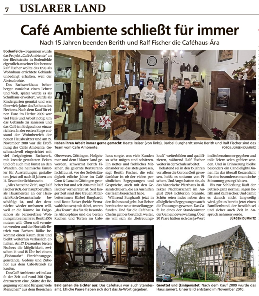 Café Ambiente Bodenfelde schließt zum 14.12.2025